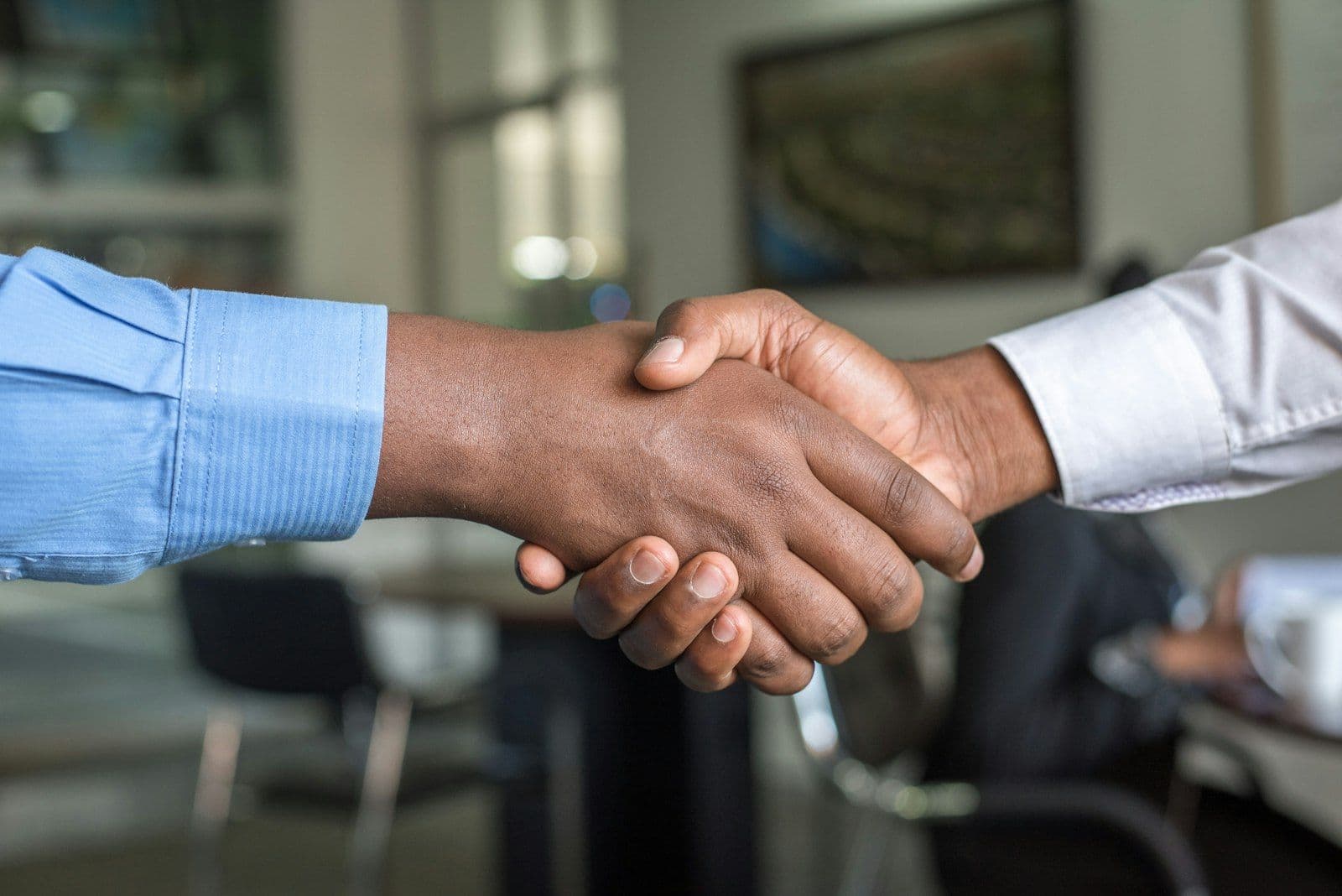 Two people shaking hands in a professional setting